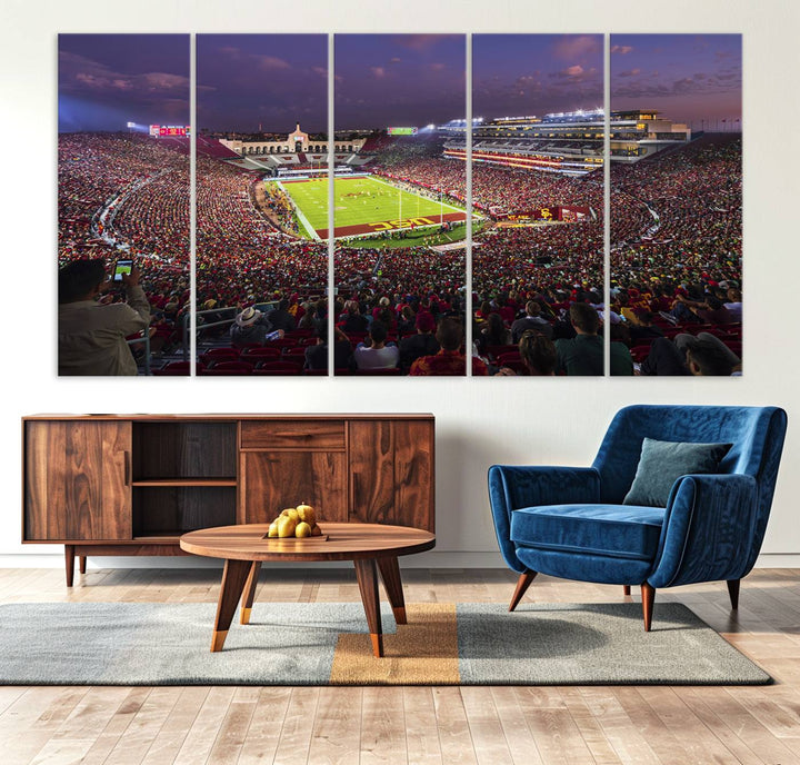 The vibrant wall art canvas print captures the USC Trojans playing under lights at dusk in LA Memorial Coliseum.