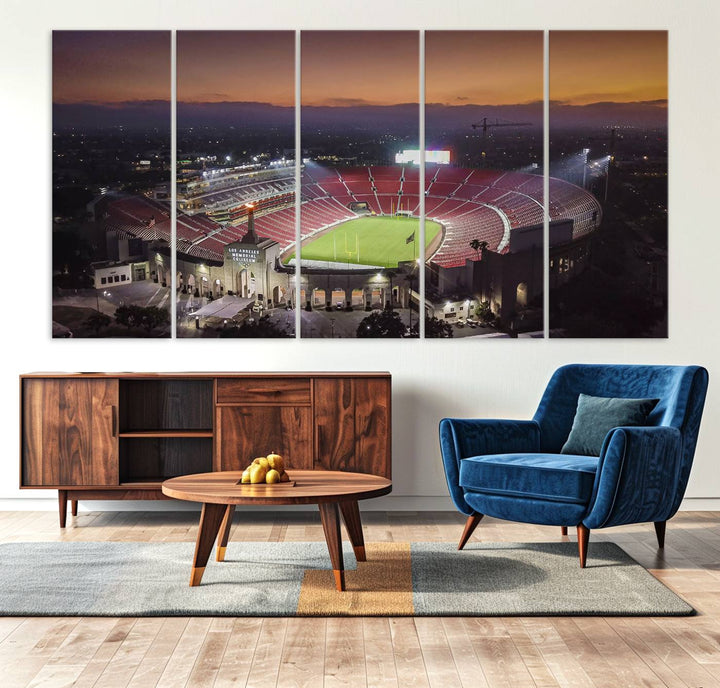 The USC Trojans Stadium canvas captures Memorial Coliseum at twilight, showcasing red seats and a green field beneath an orange sky.