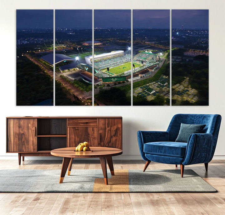 The USF Bulls Football Team Wall Art Canvas Print showcases the Tampa USF Football Stadium at night with city lights.