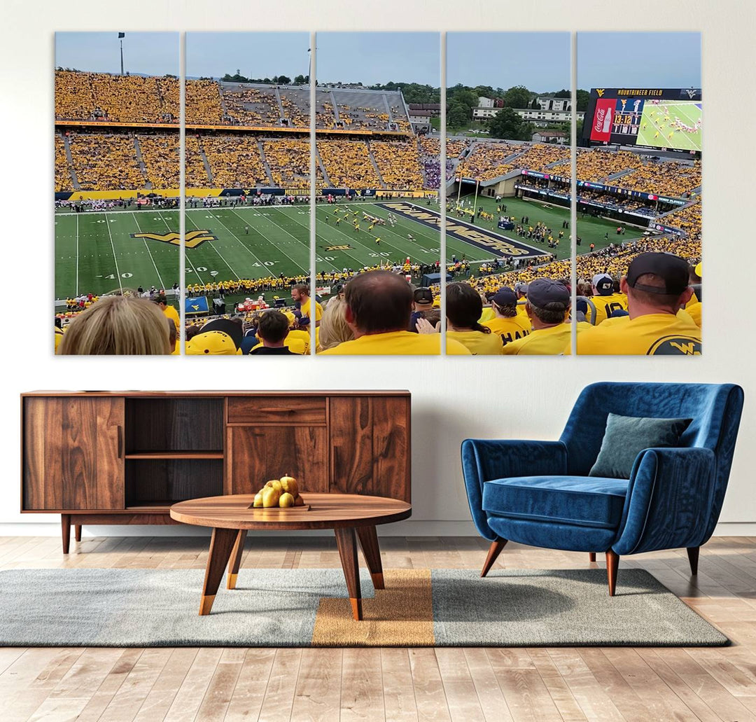 A Puskar Stadium canvas print decorates the modern living room shelf.