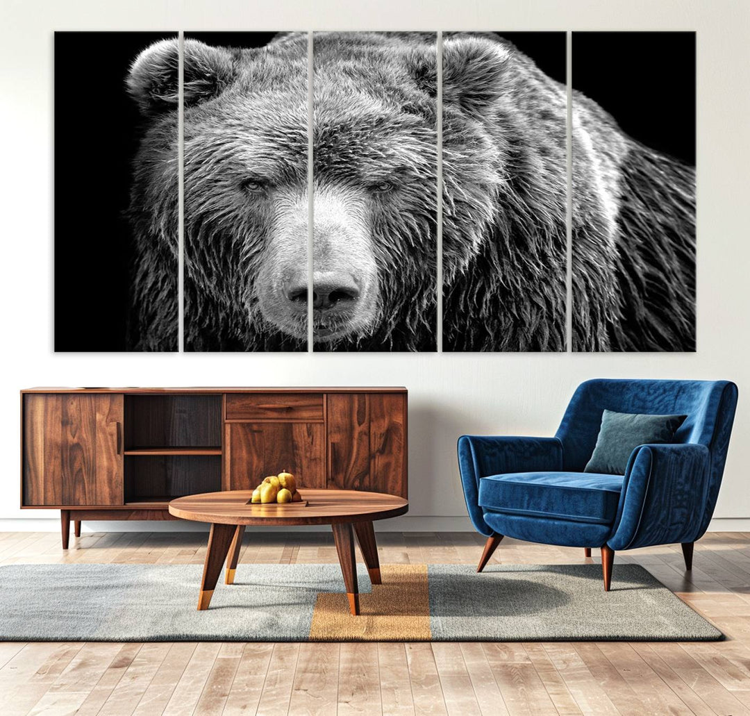 The 399 Grizzly Bear Canvas Print is displayed prominently on a wall in a modern living room.