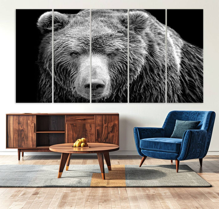 The 399 Grizzly Bear Canvas Print is displayed prominently on a wall in a modern living room.