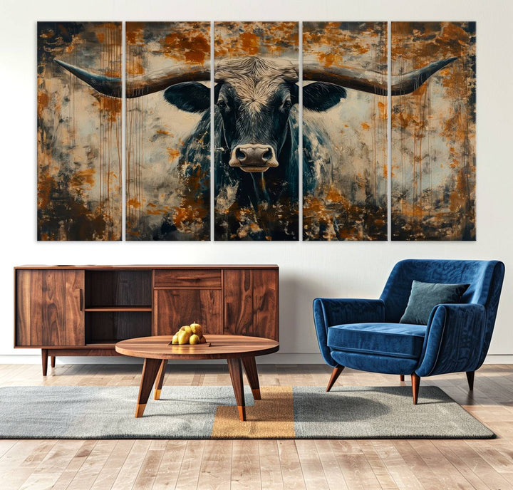 Abstract Longhorn Bull Wall Art | Rustic Western Wall Decor | Framed and Ready to Hang | Ideal for Farmhouse, Lodge, and Barn Decor