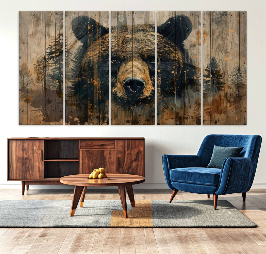 The Abstract 399 Bear Wall Art, featuring a rustic cabin theme with forest design, is framed and ready to hang. It's ideal for lodge, cabin, and barn decor and perfectly complements the nature lover's aesthetic.