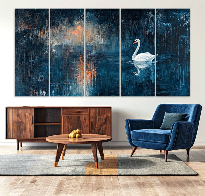 Abstract Swan Wall Art | Moody Blue and Orange Swan Painting on Canvas | Framed and Ready to Hang | Elegant and Modern Art for Living Room or Bedroom Decor