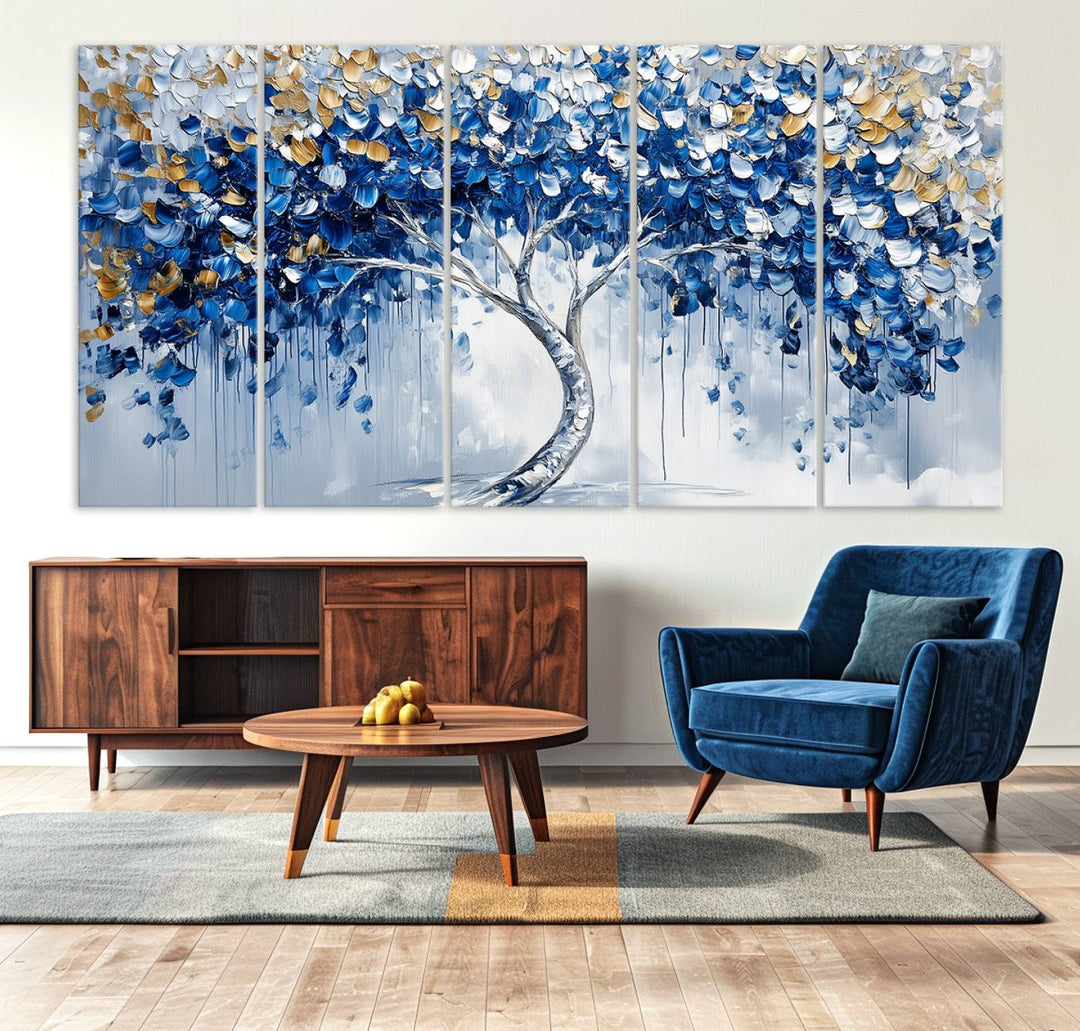 Elegant Blue and Gold Abstract Tree Wall Art | Textured Modern Tree of Life Painting | Framed Canvas Print | Ready to Hang for Dining Room Decor