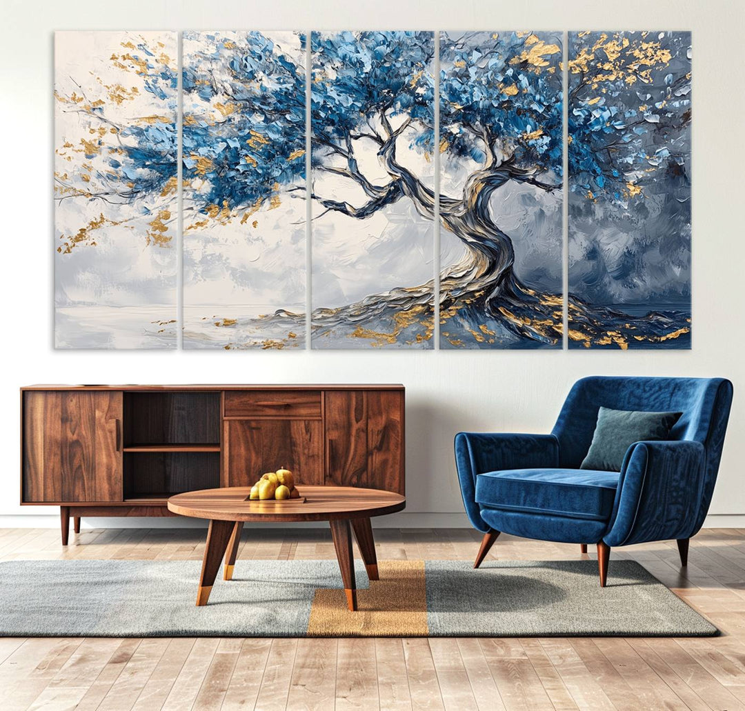 Elegant Abstract Tree Canvas Wall Art | Tree of Life Painting | Textured Art in Blue and Gold | Framed & Ready to Hang for Modern Living Room Decor