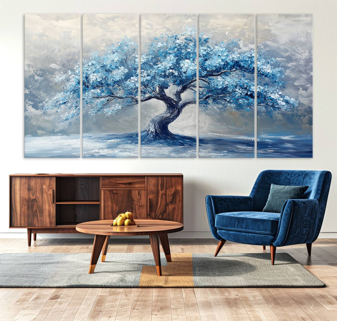 Serene Abstract Blue Tree Wall Art | Canvas Print of a Majestic Tree in Blue Hues | Perfect for Farmhouse, Coastal, and Modern Decor