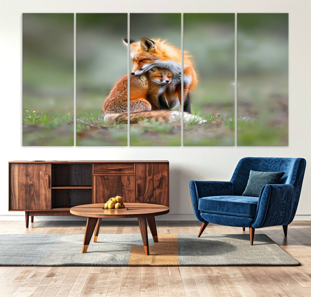 Heartwarming Fox and Baby Cub Wall Art | Ready to Hang Canvas Print of Foxes in Nature | Perfect for Animal Lovers, Rustic Decor, and Cabin Wall Art