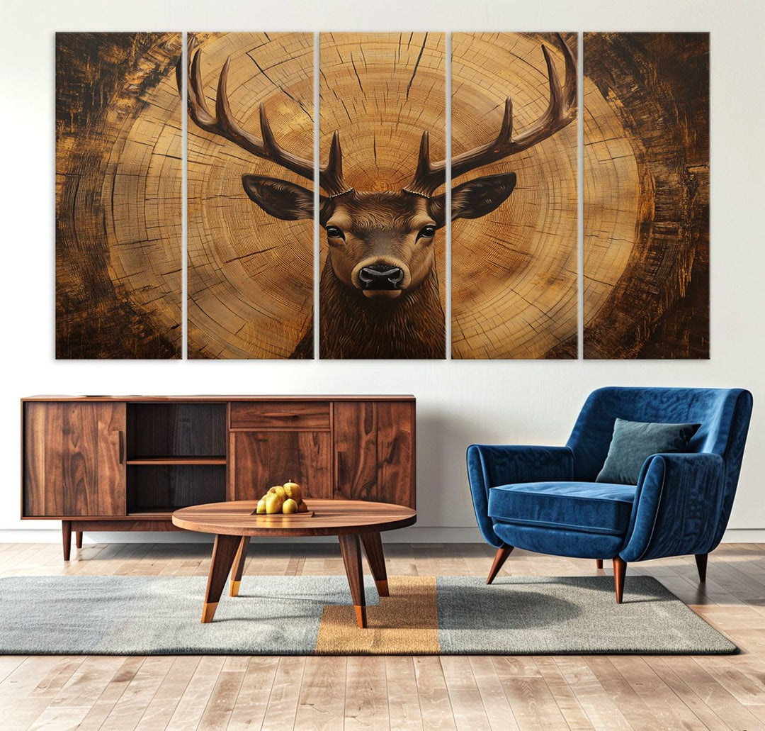 Deer Wall Art Canvas Print | Ready to Hang Canvas Print of a Stag with Rustic Tree Rings | Perfect for Farmhouse Wall Decor, Cabin Wall Art