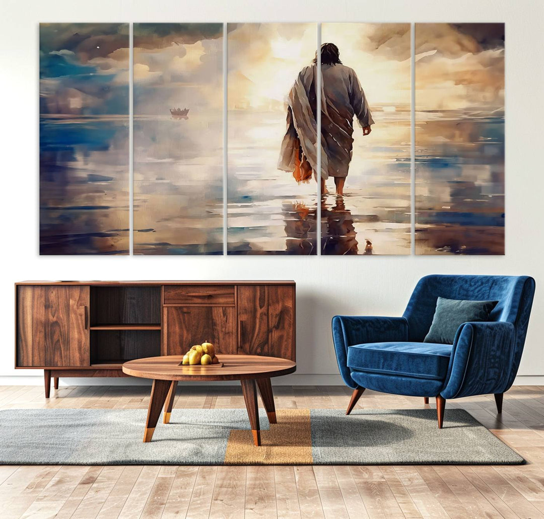 Jesus Walking on Water Wall Art | Ready to Hang Spiritual Triptych Canvas Print | Inspirational Christian Decor for Home or Church