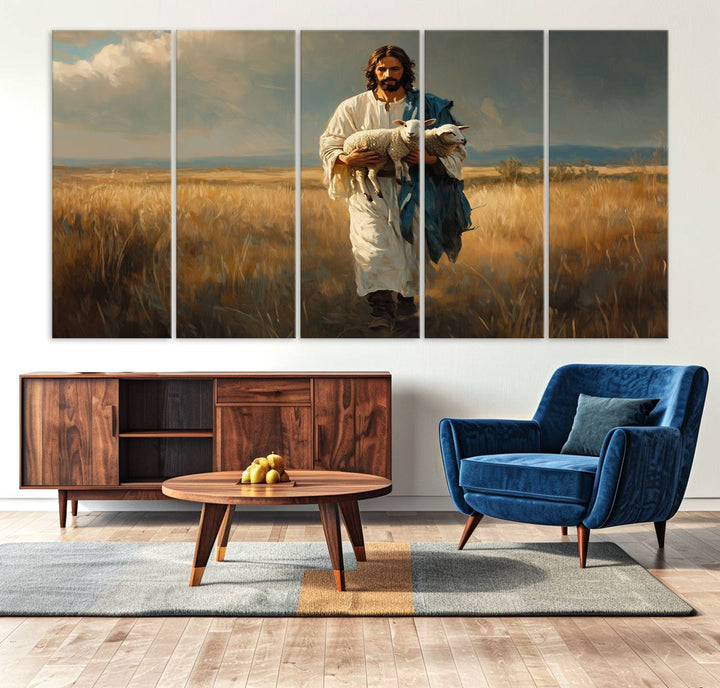 Jesus Shepherd Wall Art | Ready to Hang Triptych Canvas of Jesus Holding a Lamb in a Field | Inspirational Christian Decor for Home