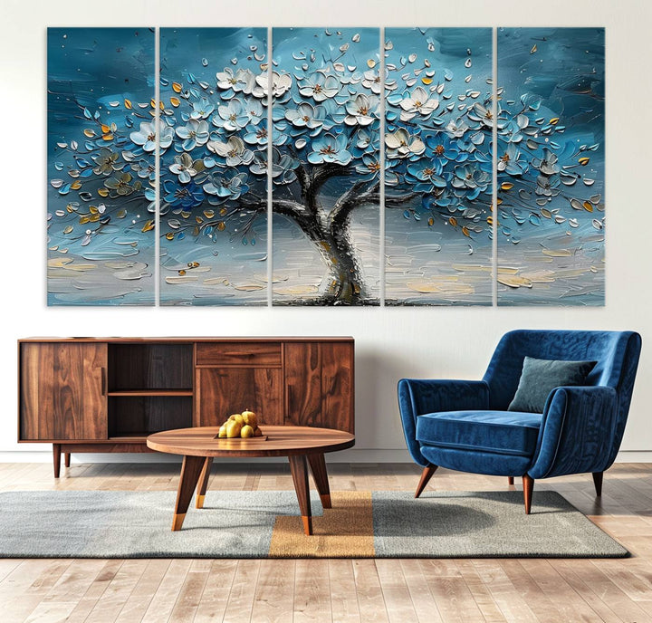 Abstract Blooming Tree Wall Art Print features blue, white, and gold textures on museum-quality canvas, perfect for modern decor.