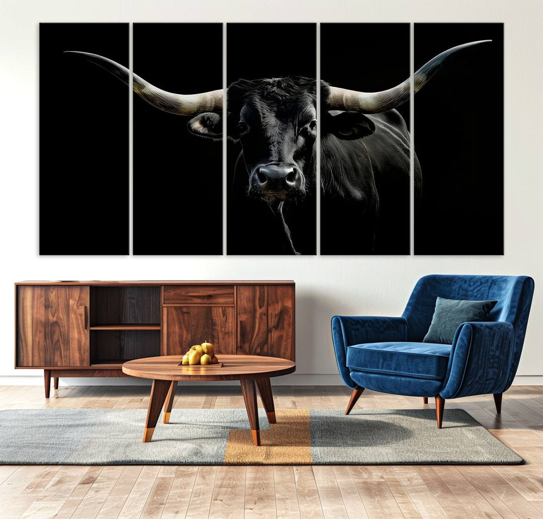 Texas Black Longhorn Bull Wall Art Canvas Print - Western Texas Cattle Rustic Decor Print - Longhorn Cow Wall Art