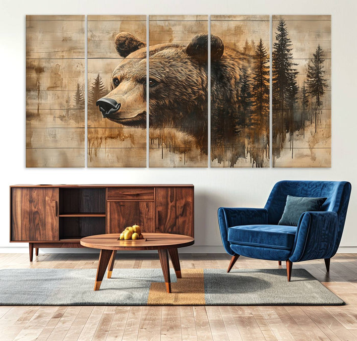 Abstract Rustic Grizzly Bear Wall Art Canvas Print - Woodland Wildlife Forest Print for Farmhouse Decor