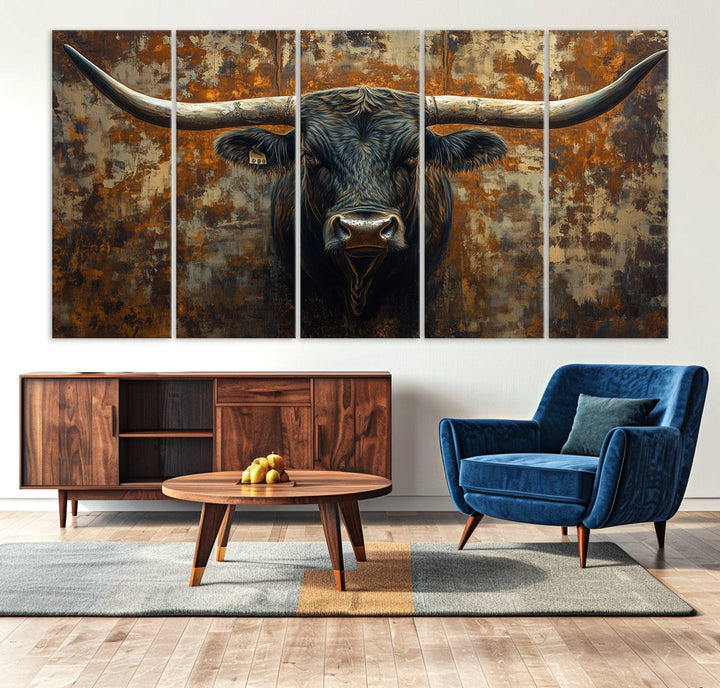 Abstract Longhorn Texas Bull Wall Art | Rustic Farmhouse Canvas Print | Ready to Hang Barn Decor for Farmhouse and Cabin Style