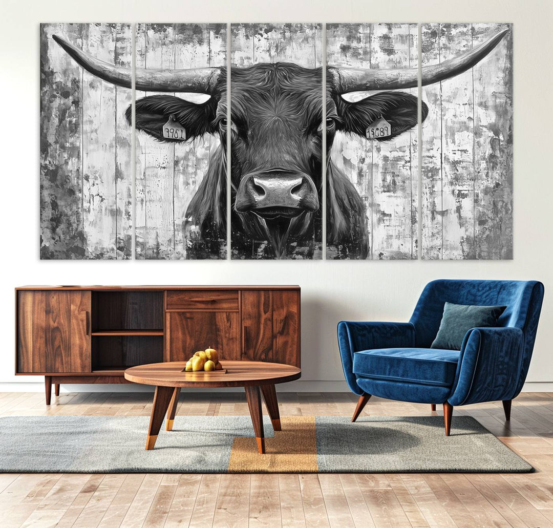 Abstract Longhorn Bull Wall Art Canvas Print - Rustic Texas Western Cow Artwork