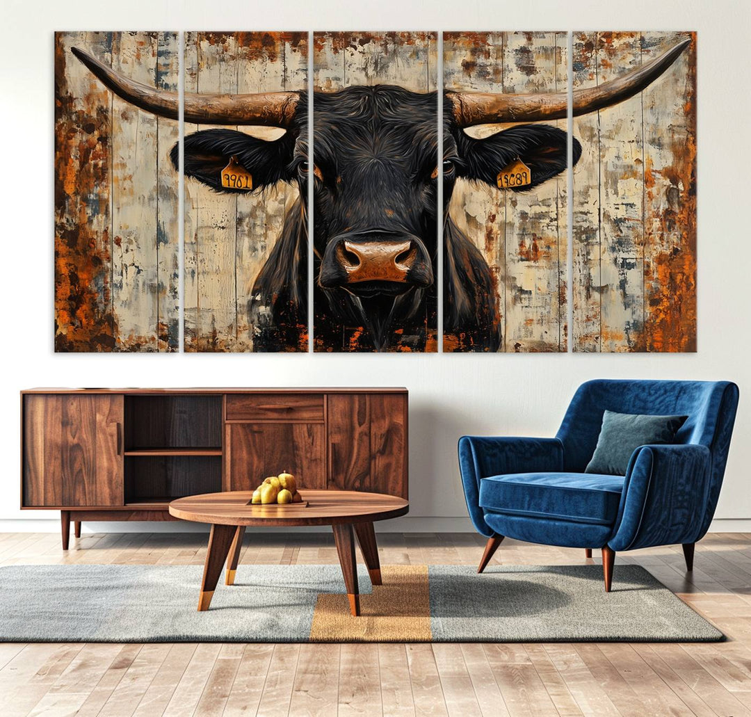 Abstract Cow Longhorn Bull Wall Art Canvas Print - Rustic Texas Western Cattle Artwork