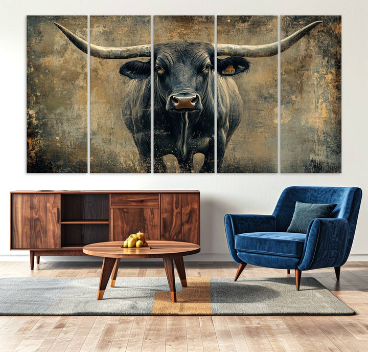 Abstract Cow Longhorn Bull Wall Art Canvas Print - Rustic Texas Western Cattle Artwork