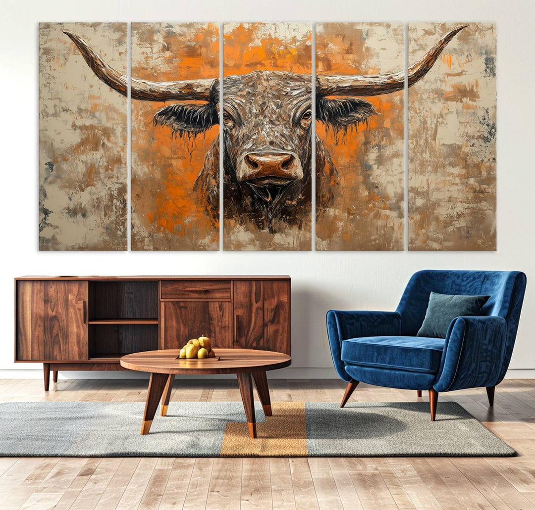 Abstract Cow Longhorn Bull Wall Art Canvas Print - Rustic Texas Western Cattle Artwork