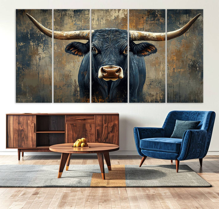 Abstract Cow Longhorn Bull Wall Art Canvas Print - Rustic Texas Western Cattle Artwork