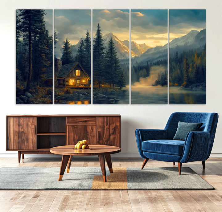 Mountain Cabin by the Lake at Sunset Wall Art - Serene Nature Canvas Print for Living Room Decor, Rustic Lodge Ambiance, 3-Panel Large Wall Art