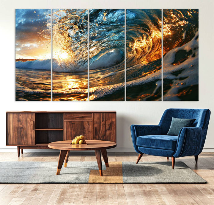 Ocean Wave at Sunset Wall Art | Ready to Hang Triptych Canvas Print | Coastal Wall Art for Living Room | Nautical and Beach House Decor