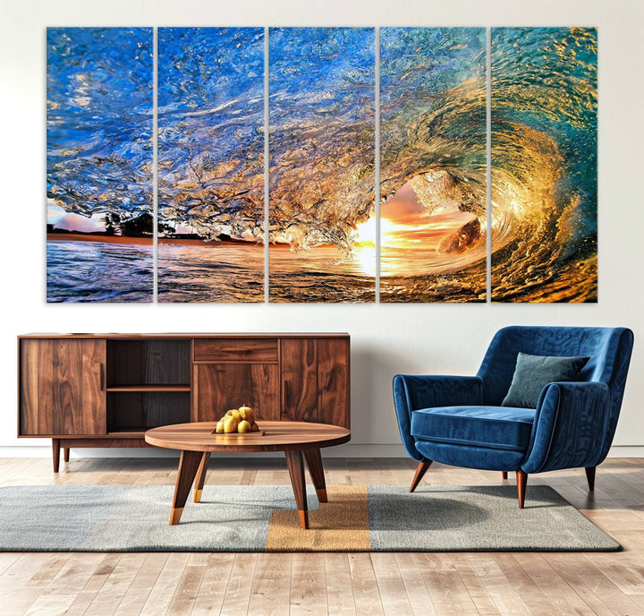 Ocean Wave at Sunset Canvas Print | Large Coastal Ocean Wall Art Print | Vibrant Beach Waves Art Print | Surf Lover Gift | Nautical Decor