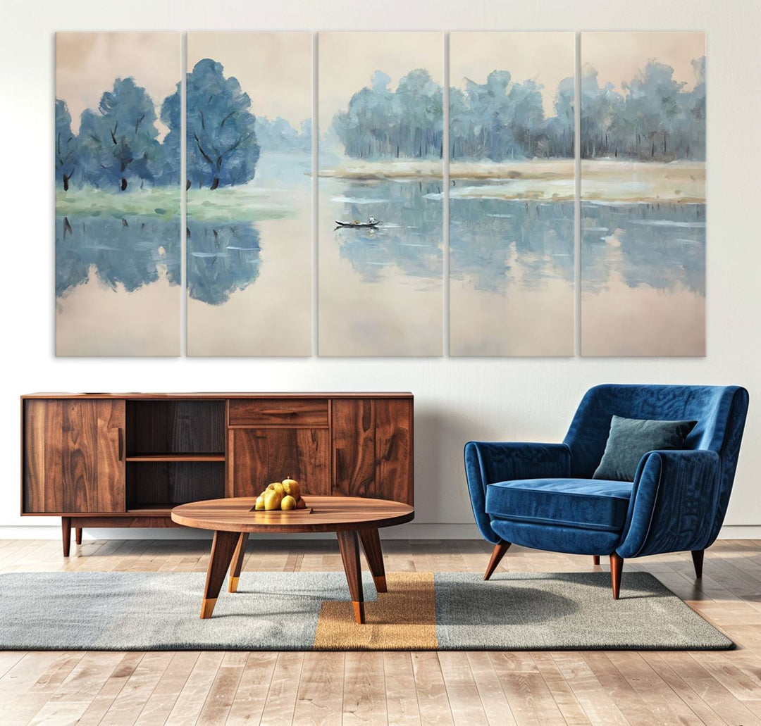 Landscape Printing Lake and Boat Scene | Serene Landscape Wall Art for Nature Lovers | Ready to Hang Triptych Canvas Print | Peaceful Blue Trees and Water Reflection Decor