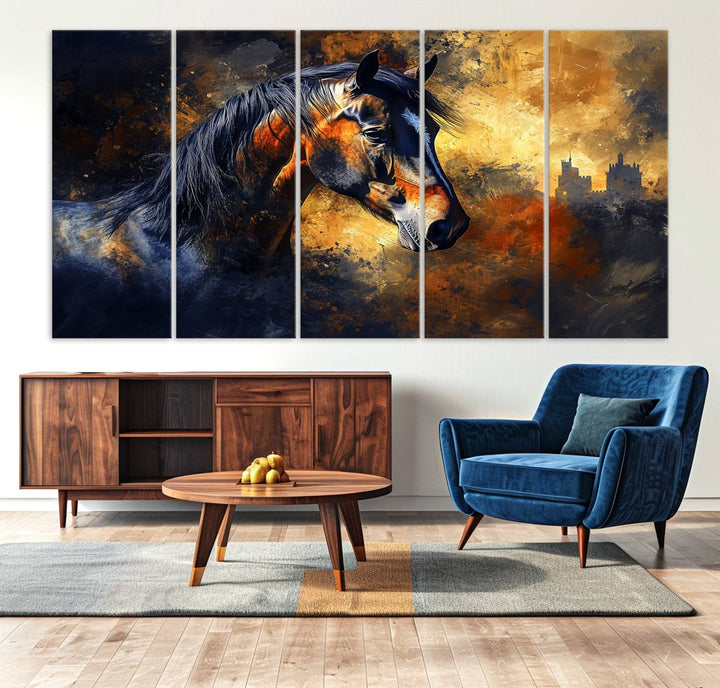Abstract Horse Art Print on canvas, featuring a colorful background, perfect for rustic farmhouse or equestrian decor.