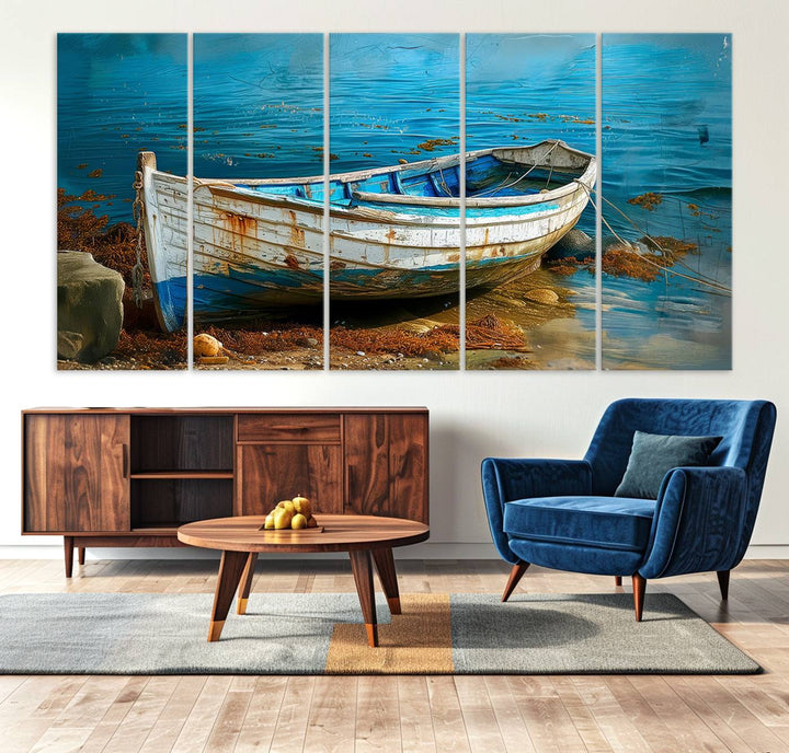 Vintage boat on tranquil waters—rustic triptych canvas print ideal for nautical or coastal wall art.