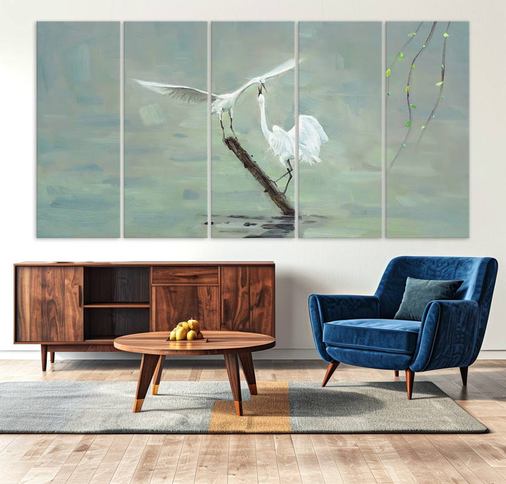 Elegant White Herons on Calm Waters | Coastal Wall Art for Nature-Inspired Decor | Serene Triptych Canvas Print | Ready to Hang Bird-Themed Art for Home Decor