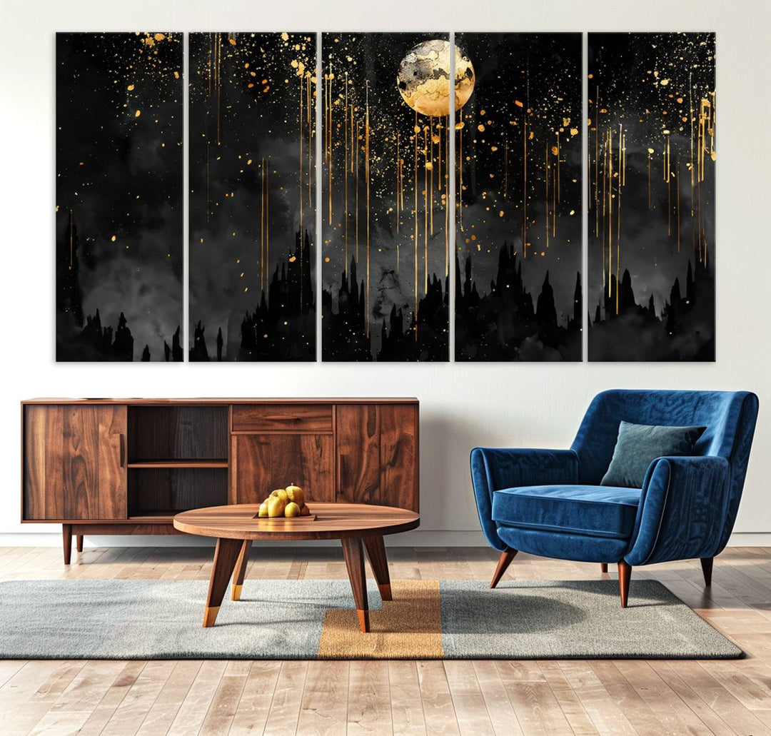 Gold Moon and Black Skyline Abstract Wall Art | Dark Modern Canvas Print with Dripping Gold Accents | Triptych Contemporary Homes