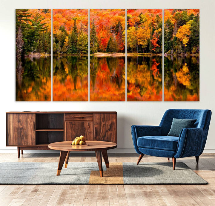 Autumn Forest Reflection Wall Art | Triptych Canvas Print | Vibrant Fall Foliage Wall Decor | Nature-Inspired Cabin Wall Art for Living Room