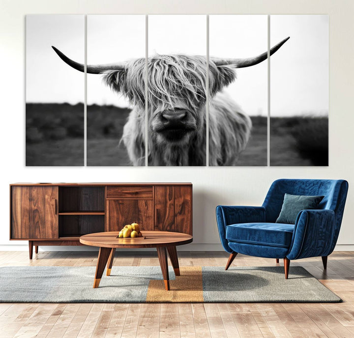 Highland Cow Wall Art | Black and White Farmhouse Decor | Ready to Hang Triptych Canvas Print | Rustic Barn Decor | Scottish Highland Cattle Art Print