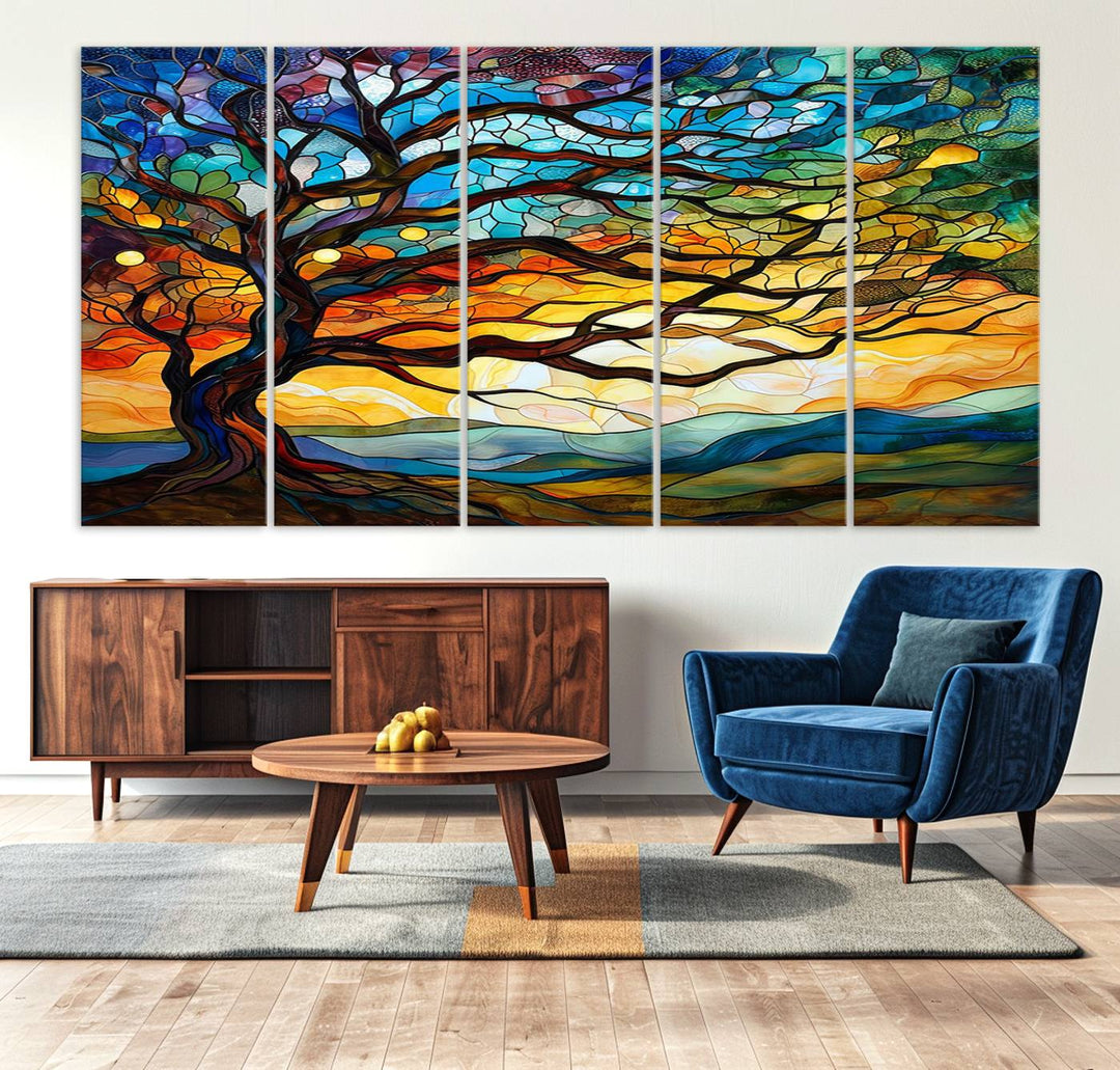 Mosaic Tree Wall Art | Ready to Hang Stained Glass Style Canvas Print | Farmhouse Wall Decor, Cabin Wall Art, and Unique Nature Home Decor