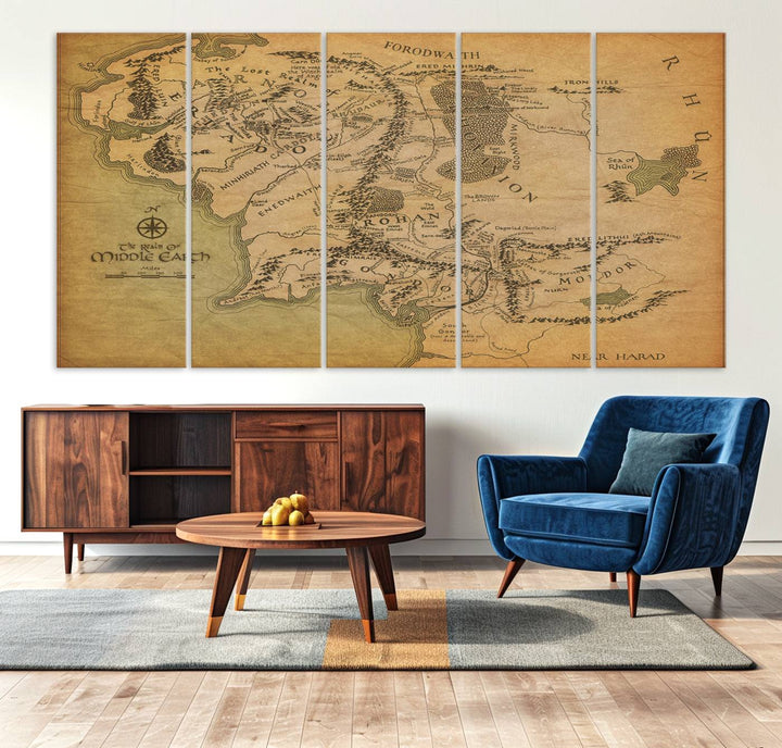 Vintage J.R.R. Tolkien Middle-Earth Map 3 Panel Canvas, perfect as wall art for home or office decor.