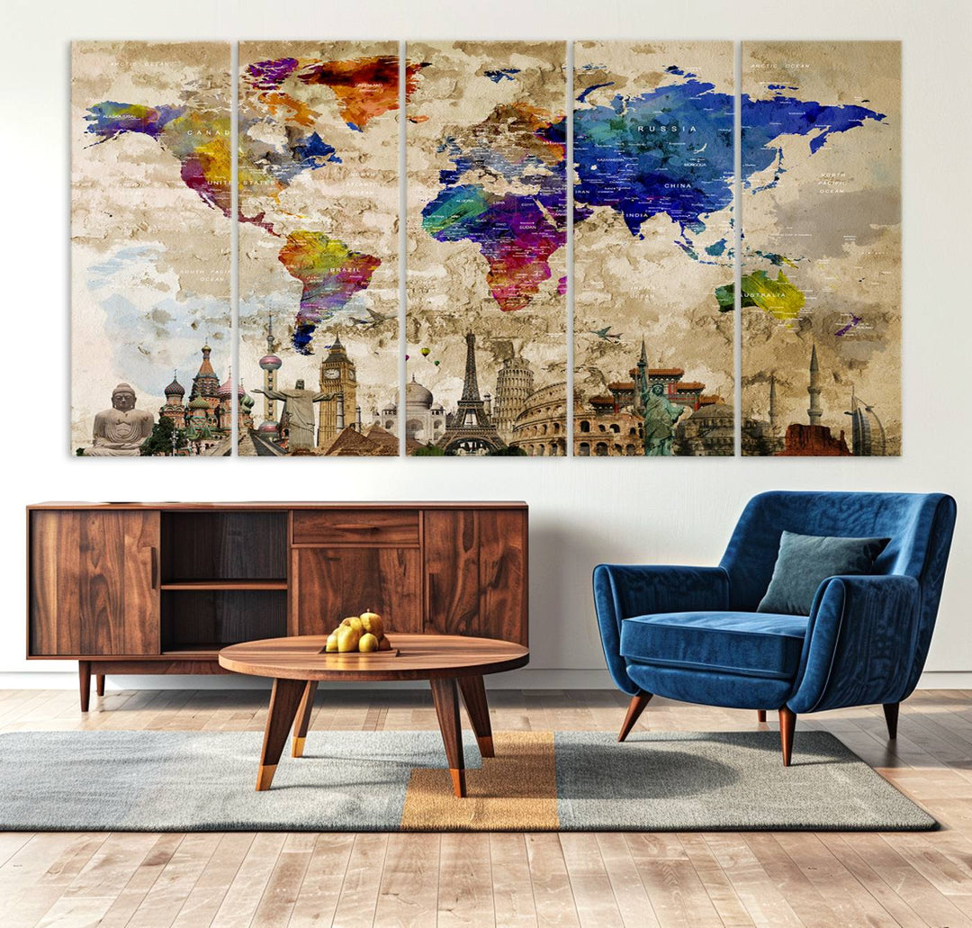 Framed World Map Canvas Print with Landmarks | Multi-Panel Wall Art | Ready to Hang Decor for Living Room, Office | Global Travel Wall Art | Vibrant Landmark Design