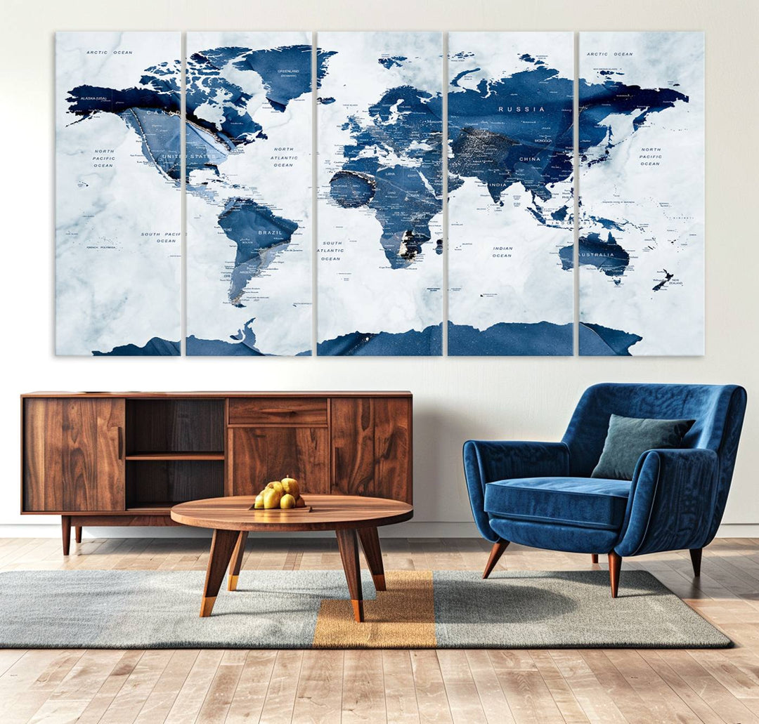 Navy Blue World Map with Antarctica Canvas: A perfect abstract home decor piece featuring a grunge-stained background.