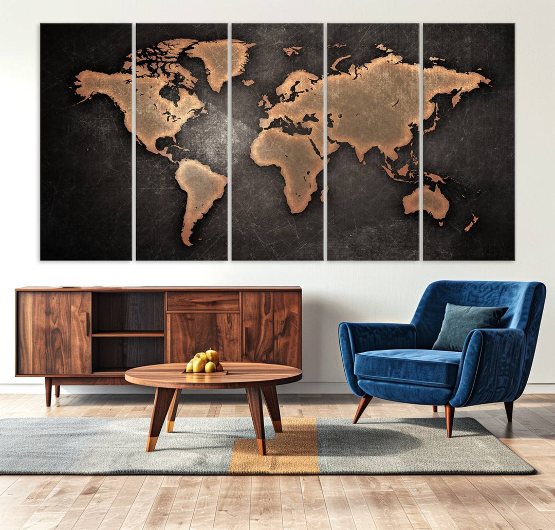 Maroon World Map Wall Art: Copper continents on a grunge-stained canvas, ideal for enhancing your decor.