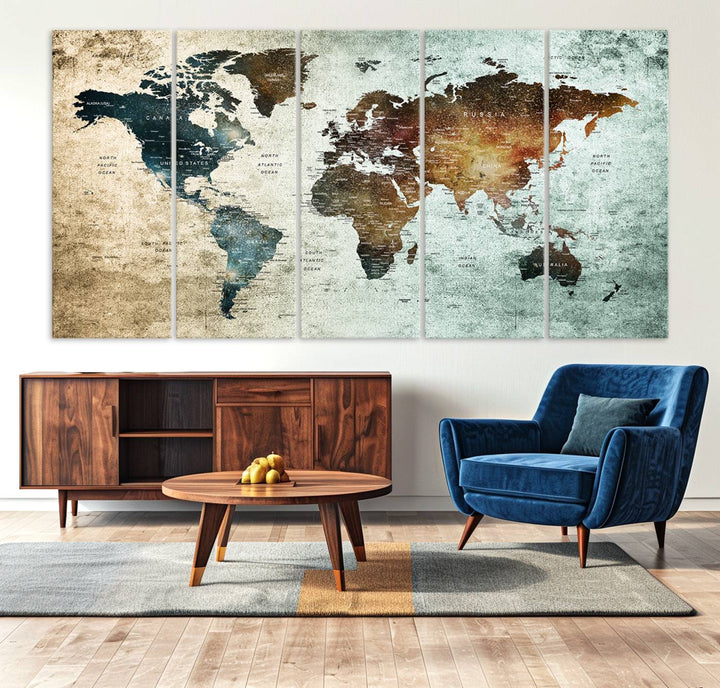 The Push Pin World Map Canvas Print serves as an ideal piece of wall art for travel lovers, showcasing vibrant colors and intricate details.