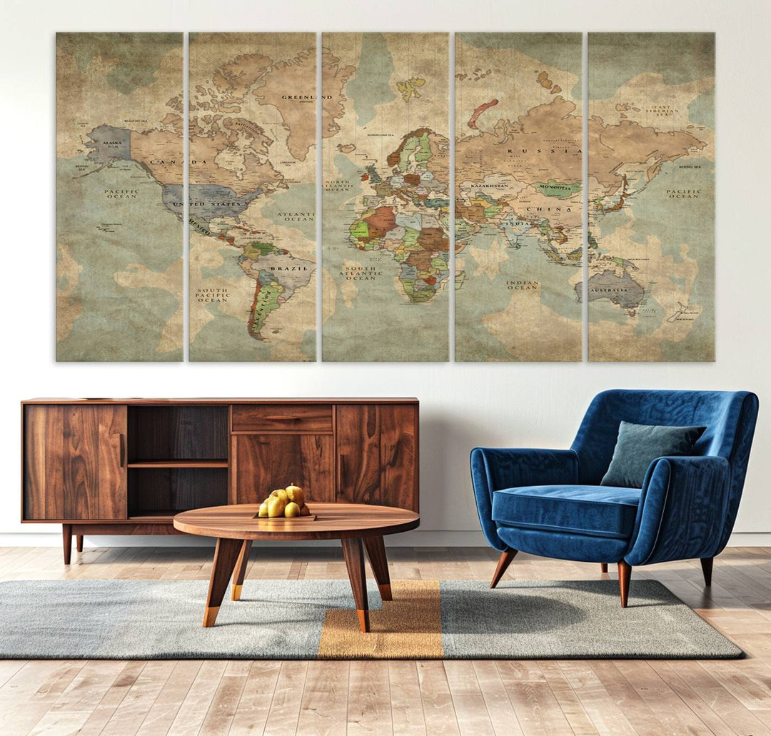 Vintage World Map Canvas Wall Art – Antique Triptych Map Print – Rustic Global Decor for Living Room or Office – Ready to Hang