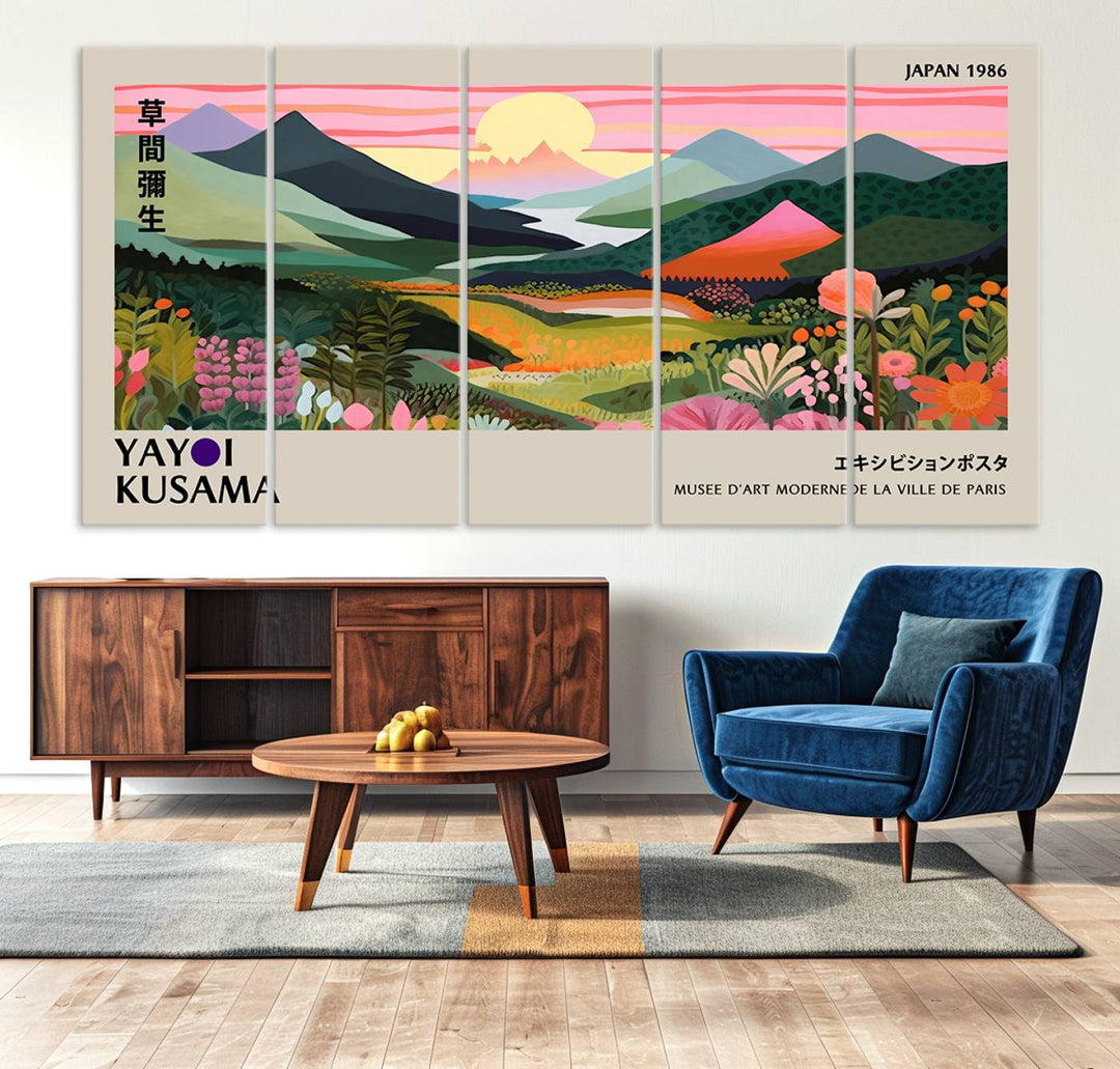 Vibrant abstract landscape canvas with mountains and fields, titled Yayoi Kusama 1986 Wall Art Print.