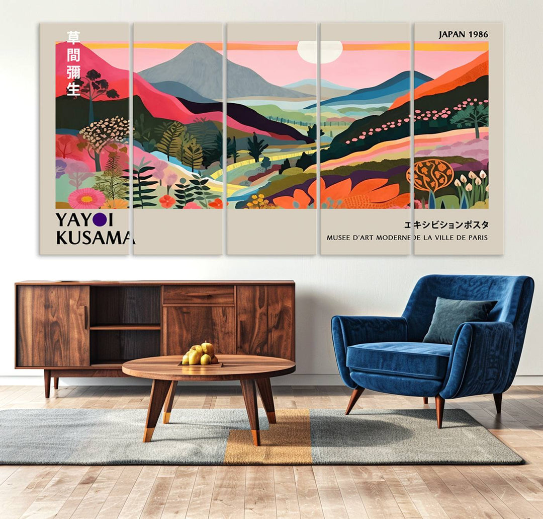 Vibrant abstract landscape canvas inspired by Yayoi Kusama, featuring mountains, trees, and flowers in a triptych style.