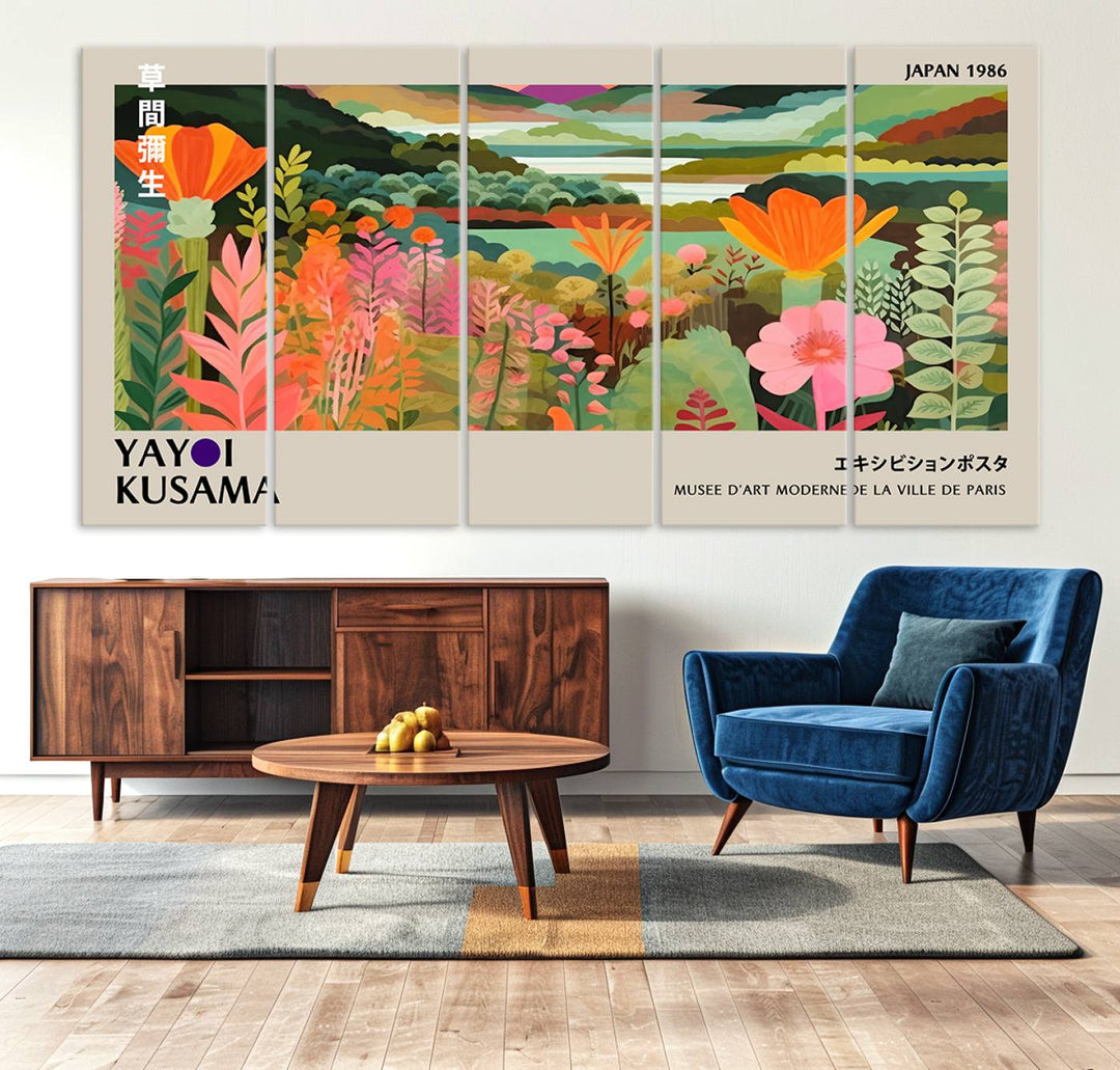 A vibrant 1986 Yayoi Kusama abstract landscape featuring flowers and hills on a canvas wall art print, ready-to-hang.