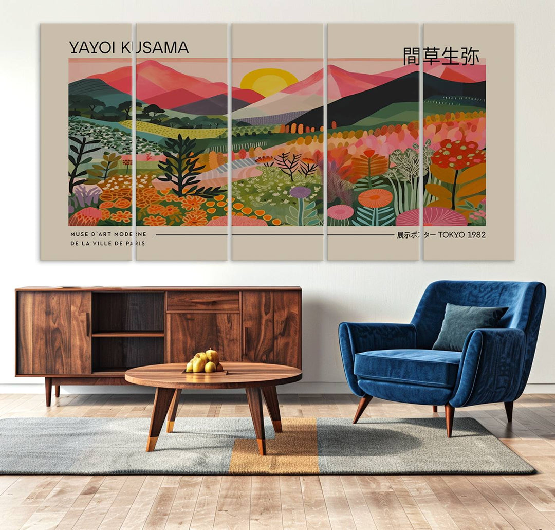 A vibrant abstract triptych features mountains, a sun, and plants in Yayoi Kusamas style with Japanese and French text included.