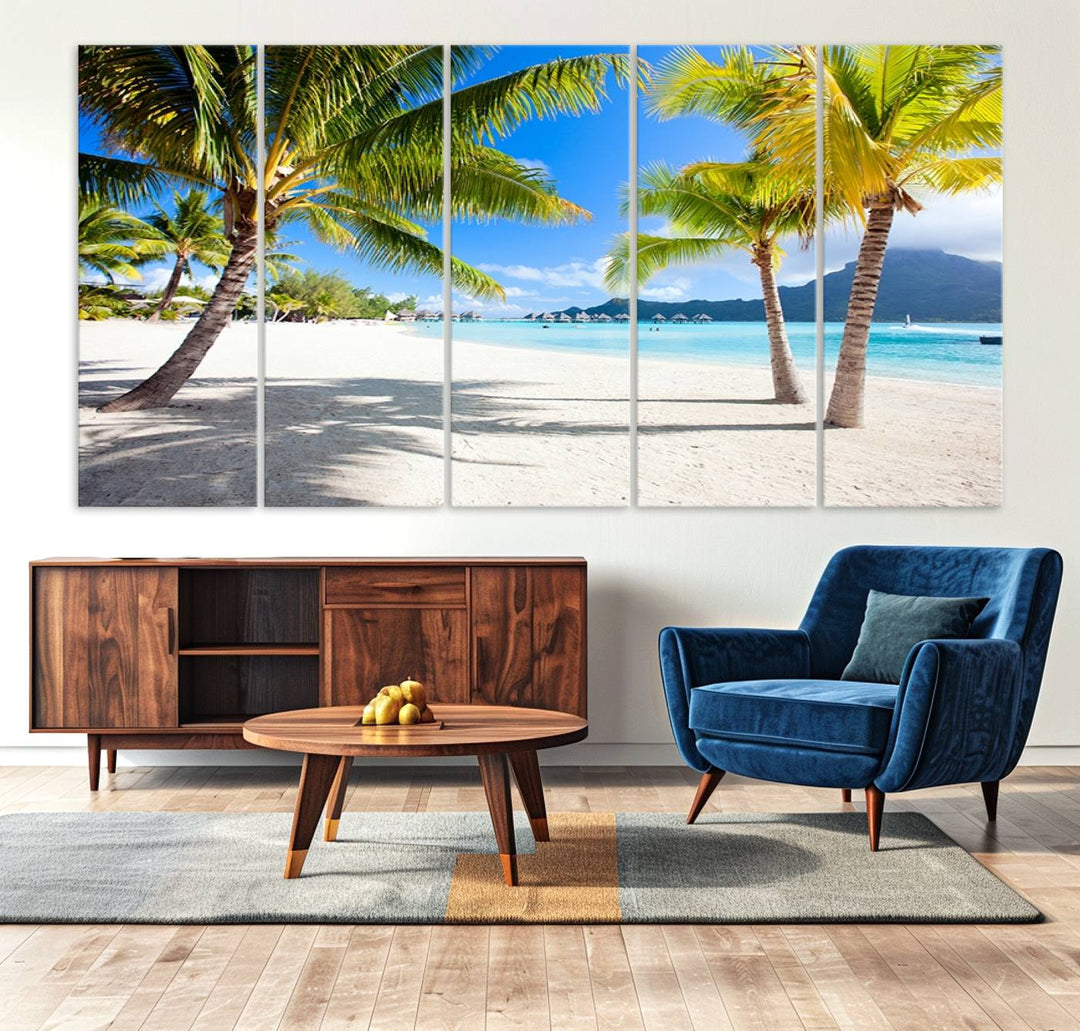 Blue Beach and Sea Wall Art Canvas Print: showcases a tropical scene with palm trees, white sand, and turquoise water.