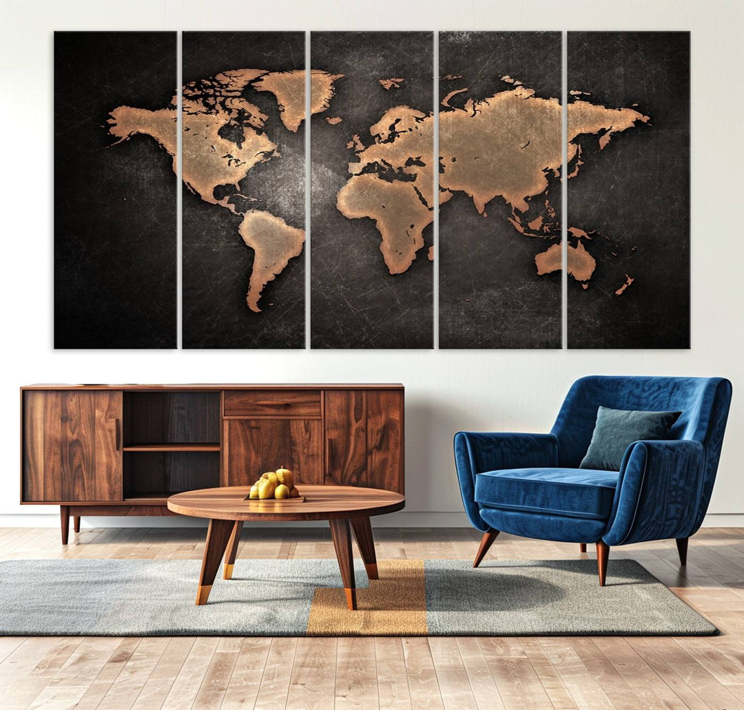 The Modern World Map on a metallic black canvas creates a striking effect.