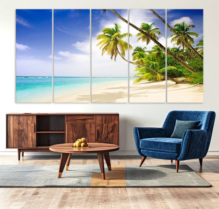 Tropical Beach Canvas: Palm Trees & White Sand Shore Decor, Vibrant Coastal Print, Ready to Hang.