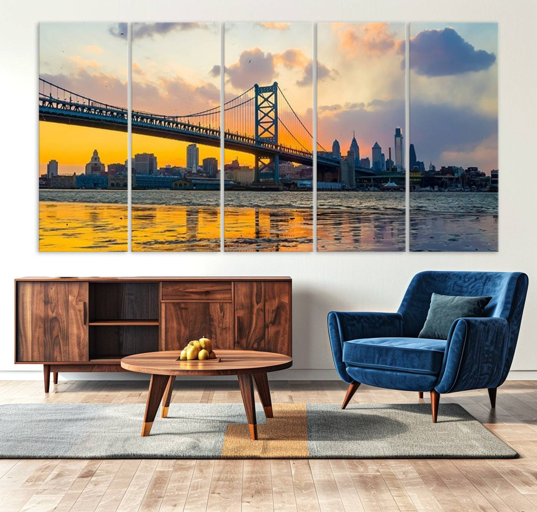 Ben Franklin Bridge Wall Art Print – Philadelphia Skyline Sunset Canvas Wall Art Canvas Print – Giclee City for Dining Room, Office or Living Room